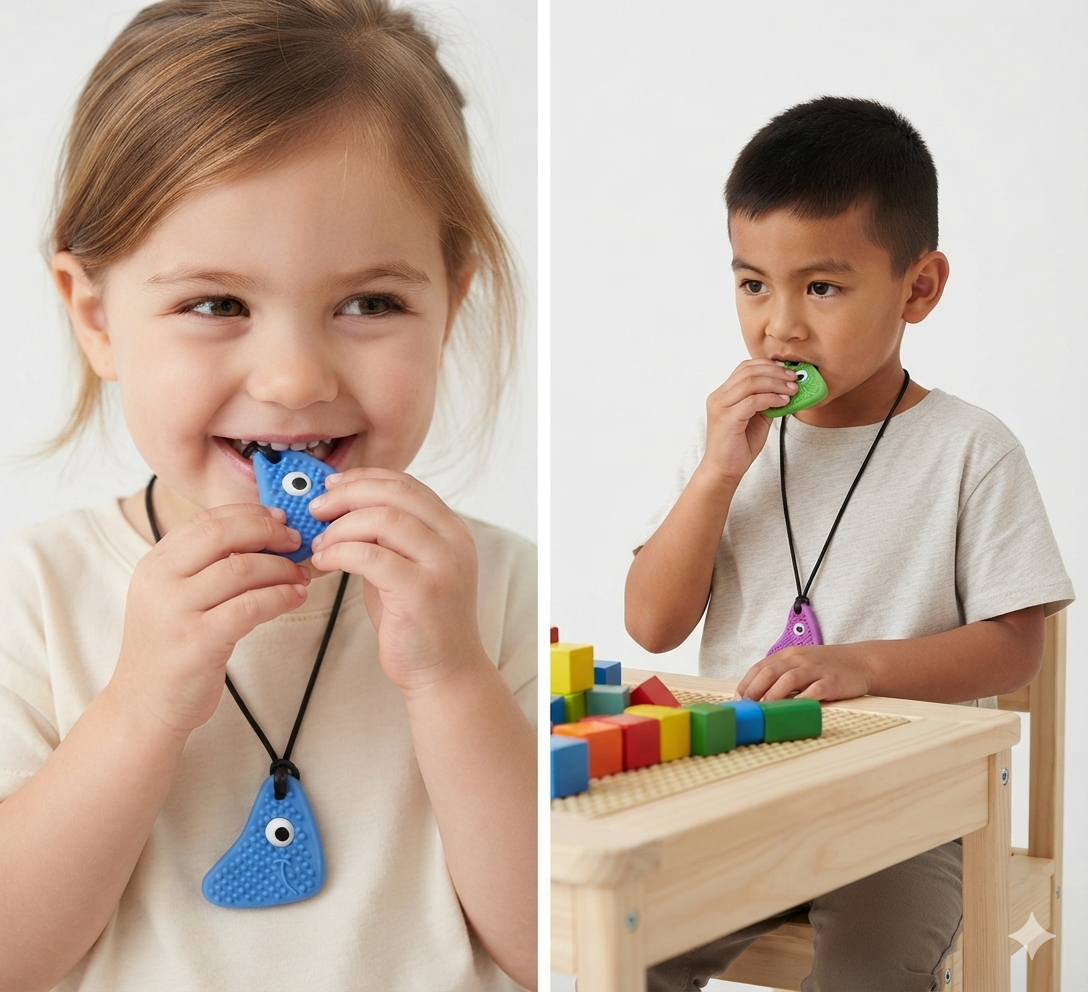 Kids happily using their SanFred sensory chew necklaces while playing